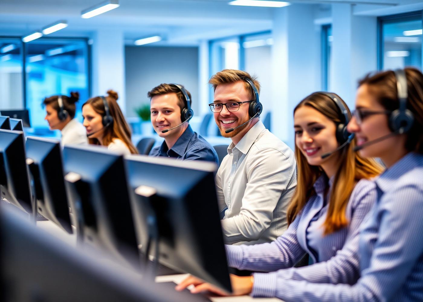 Equipe de call center com headsets atendendo clientes em escritório