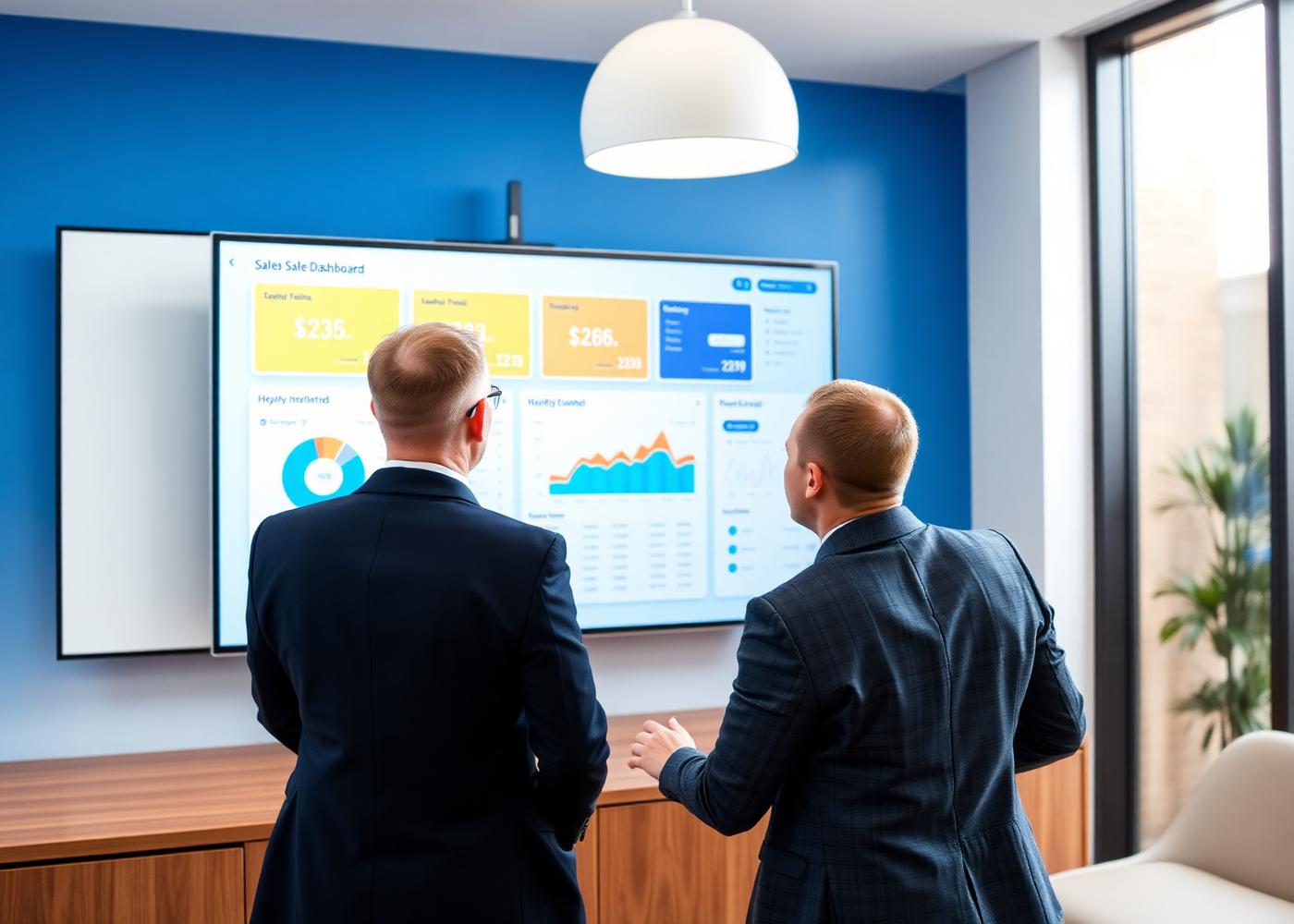 Gestores analisando painel de vendas e indicadores comerciais