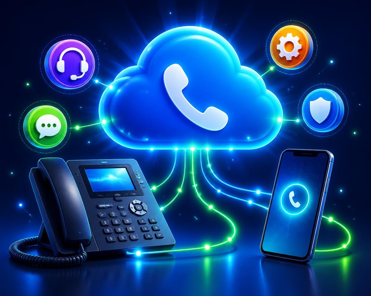 Ilustração de central telefônica em nuvem conectada a telefones IP e celular